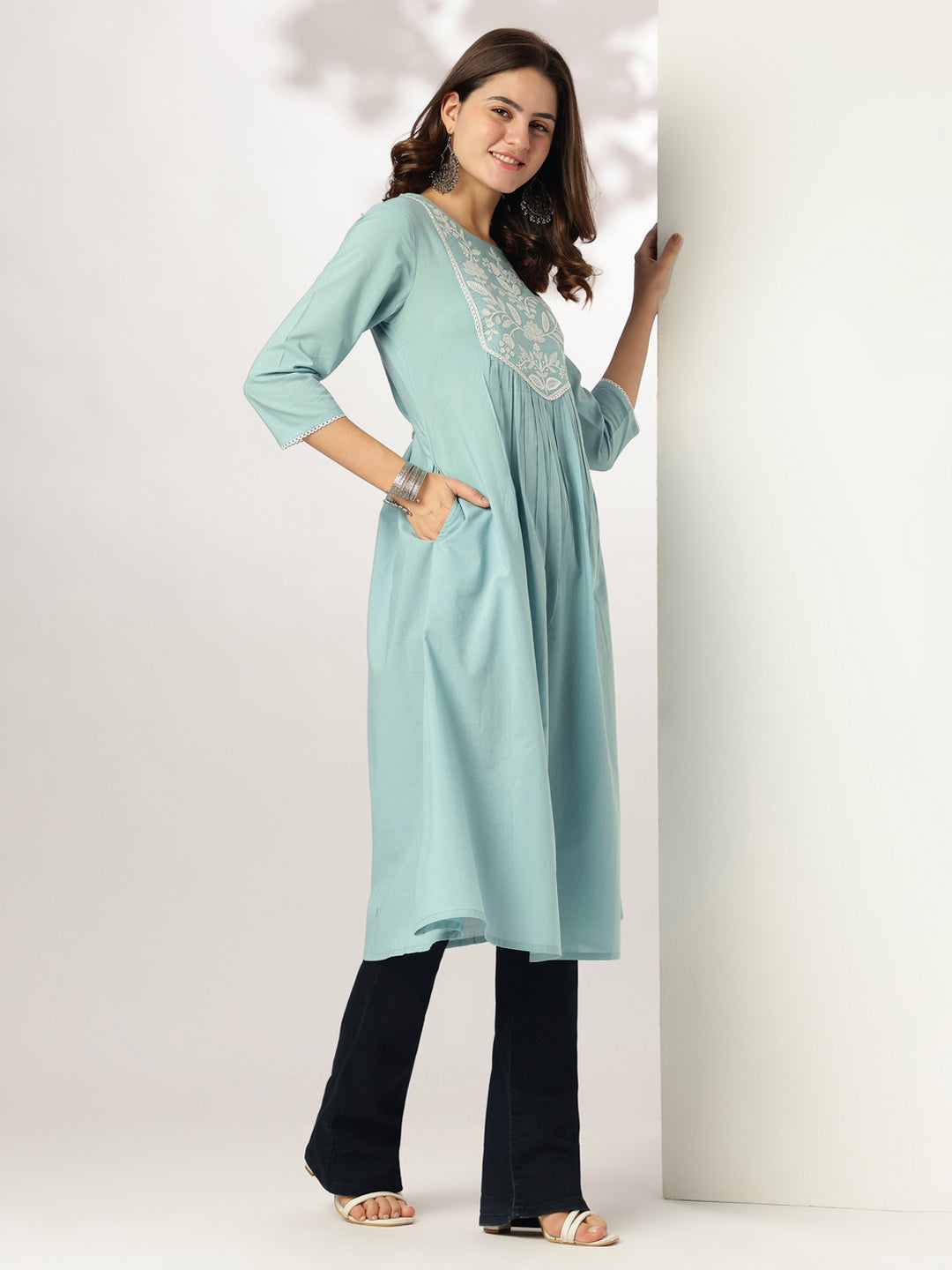 Janasya Light Cotton Yoke Embroidery A-Line Kurta