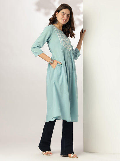 Janasya Light Cotton Yoke Embroidery A-Line Kurta - Distacart