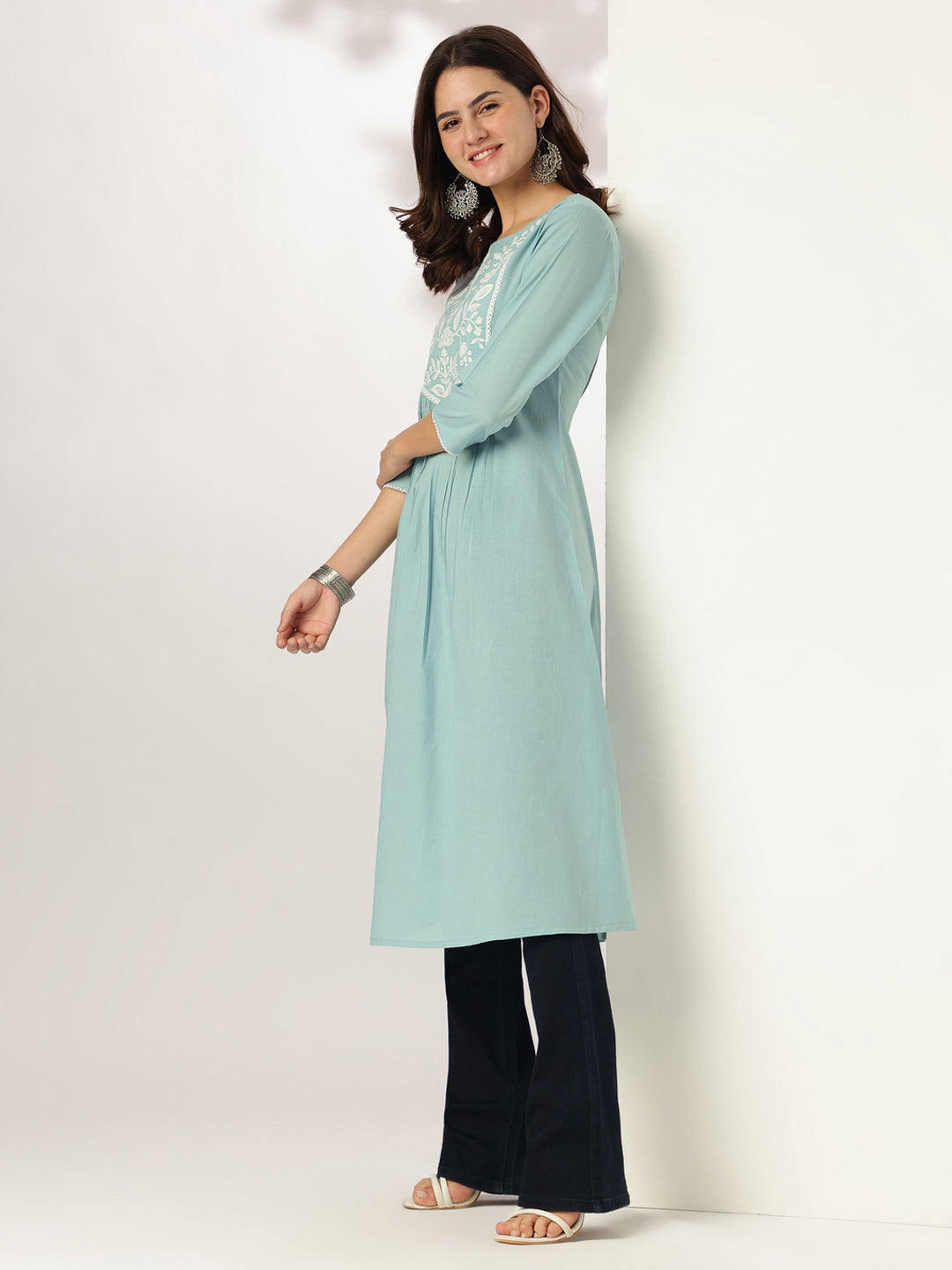 Janasya Light Cotton Yoke Embroidery A-Line Kurta