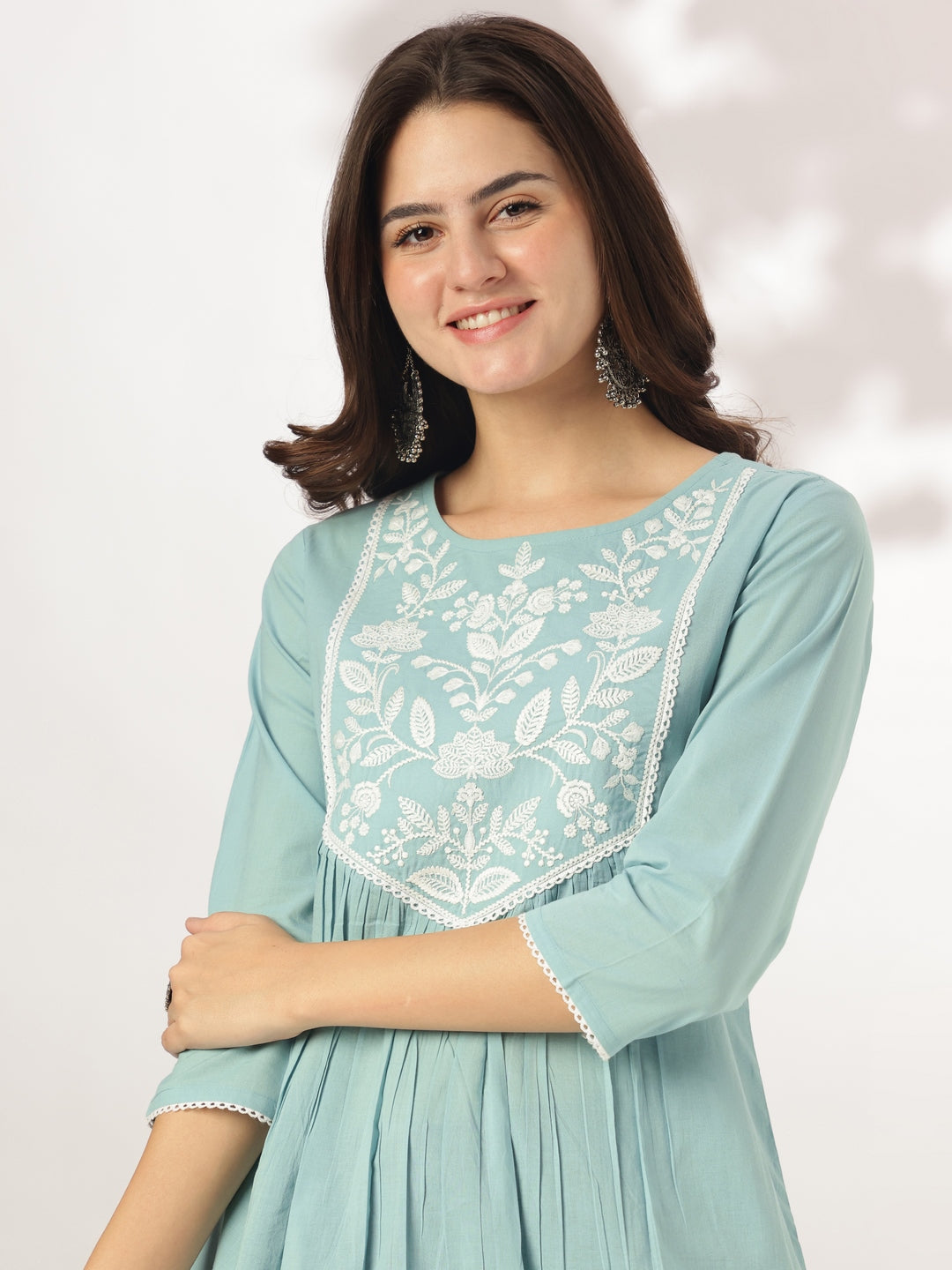 Janasya Light Cotton Yoke Embroidery A-Line Kurta