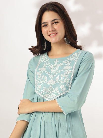 Janasya Light Cotton Yoke Embroidery A-Line Kurta - Distacart