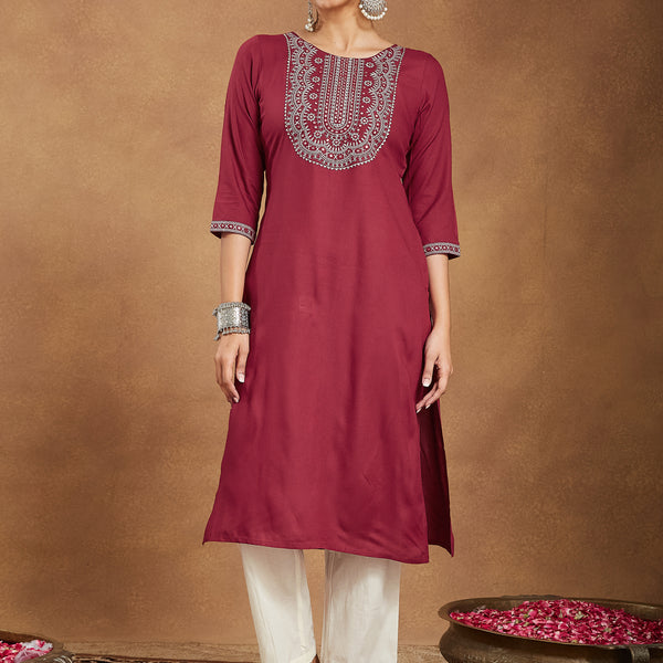 Janasya Dark Rayon Embroidered Straight Kurta
