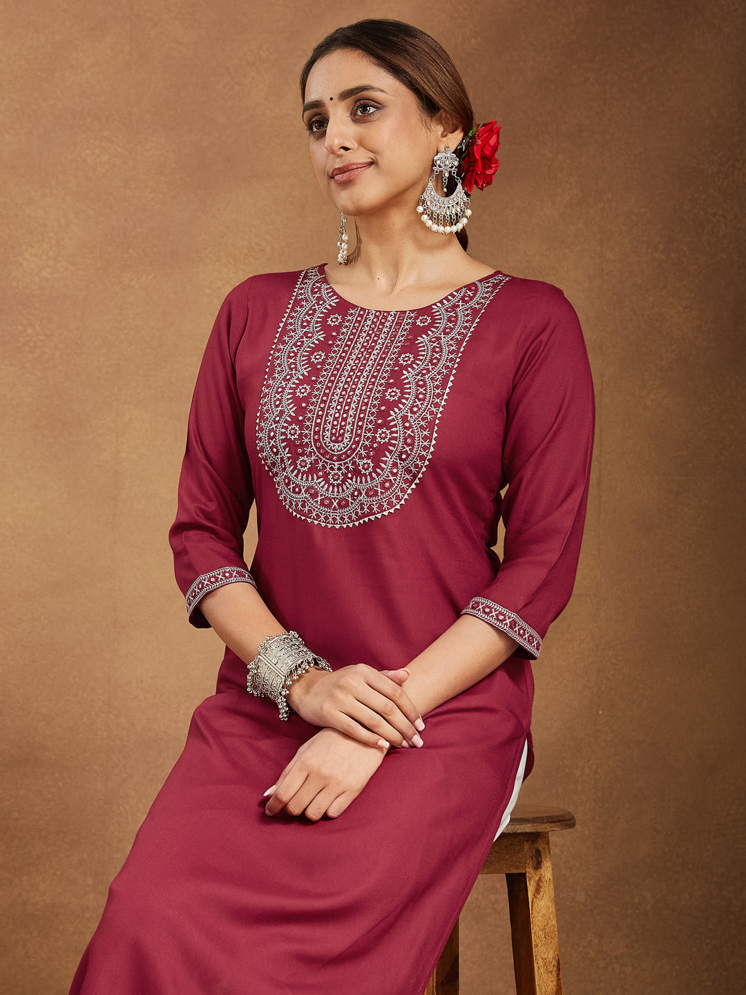 Janasya Dark Rayon Embroidered Straight Kurta