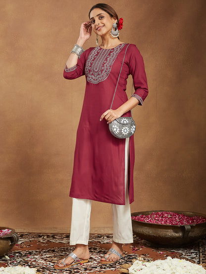 Janasya Dark Rayon Embroidered Straight Kurta - Distacart