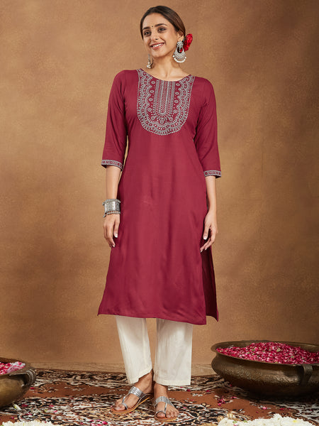 Janasya Dark Rayon Embroidered Straight Kurta