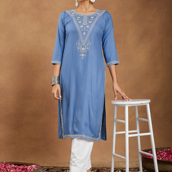 Janasya Light Rayon Blend Embroidered Straight Kurta