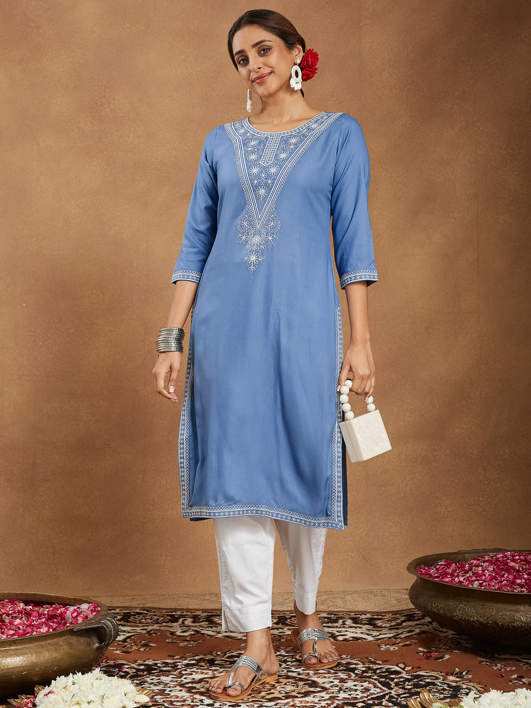 Janasya Light Rayon Blend Embroidered Straight Kurta