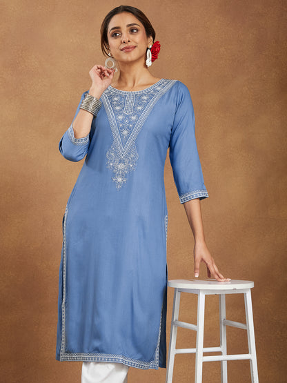 Janasya Light Rayon Blend Embroidered Straight Kurta - Distacart