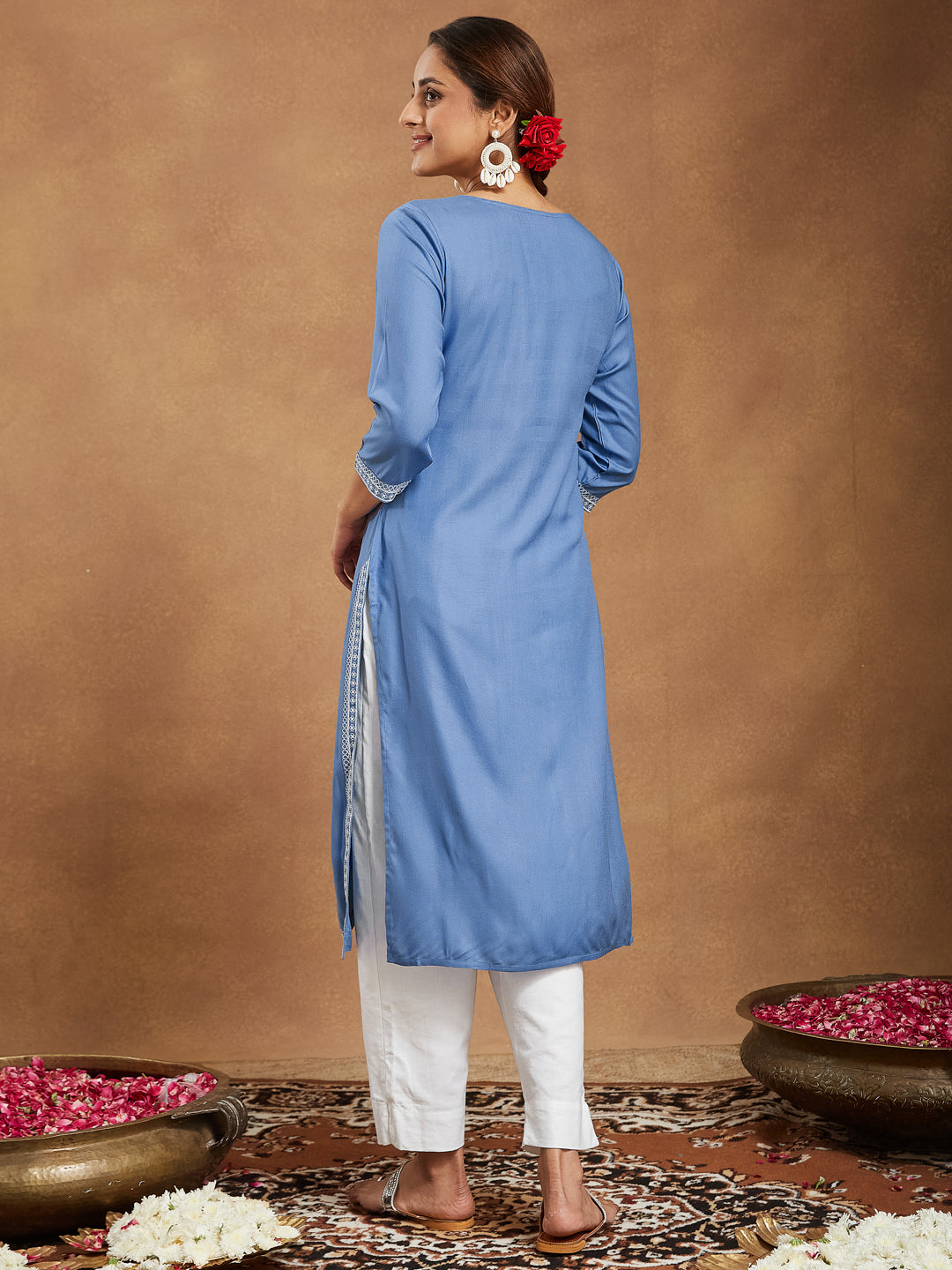 Janasya Light Rayon Blend Embroidered Straight Kurta