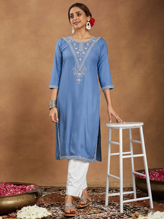 Janasya Light Rayon Blend Embroidered Straight Kurta