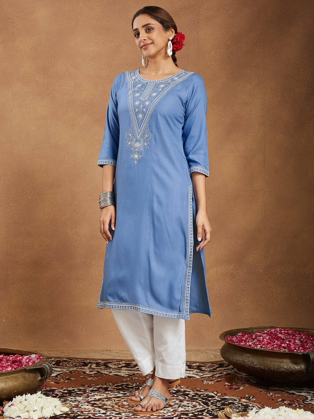 Janasya Light Rayon Blend Embroidered Straight Kurta