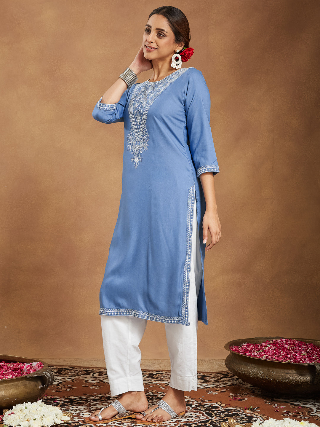 Janasya Light Rayon Blend Embroidered Straight Kurta