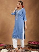 Thumbnail for Janasya Light Rayon Blend Embroidered Straight Kurta