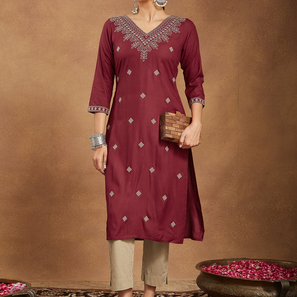 Janasya Dark Rayon Embroidered Straight Kurta