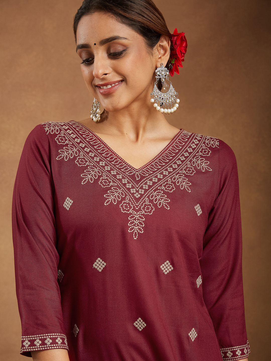Janasya Dark Rayon Embroidered Straight Kurta