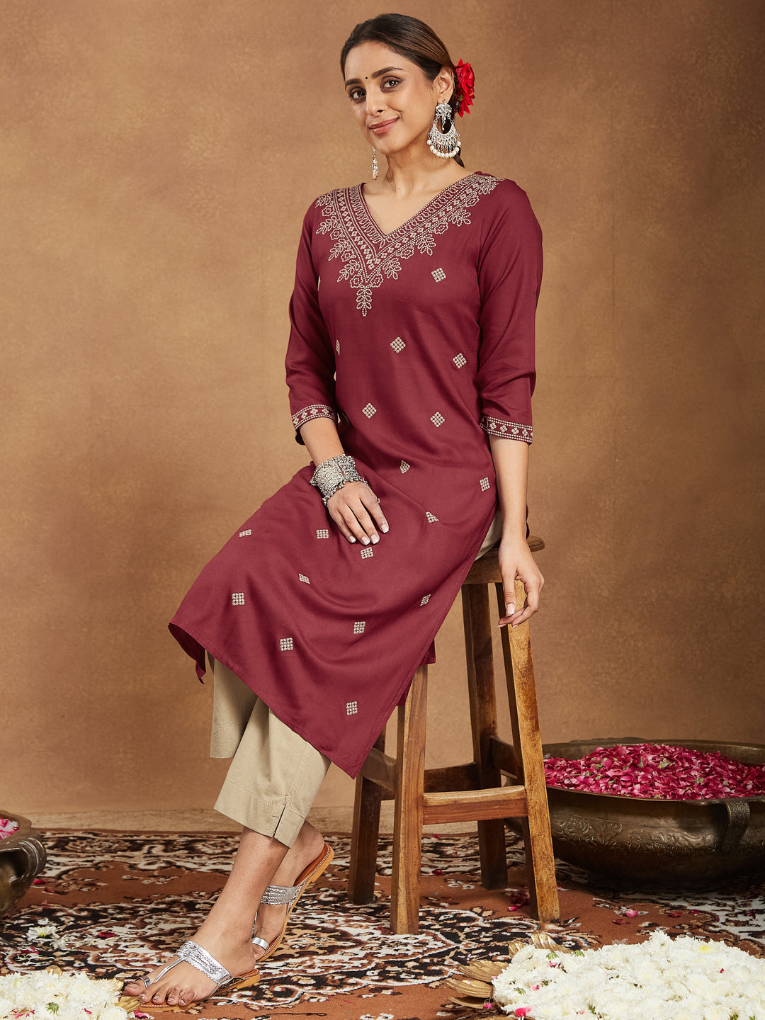 Janasya Dark Rayon Embroidered Straight Kurta