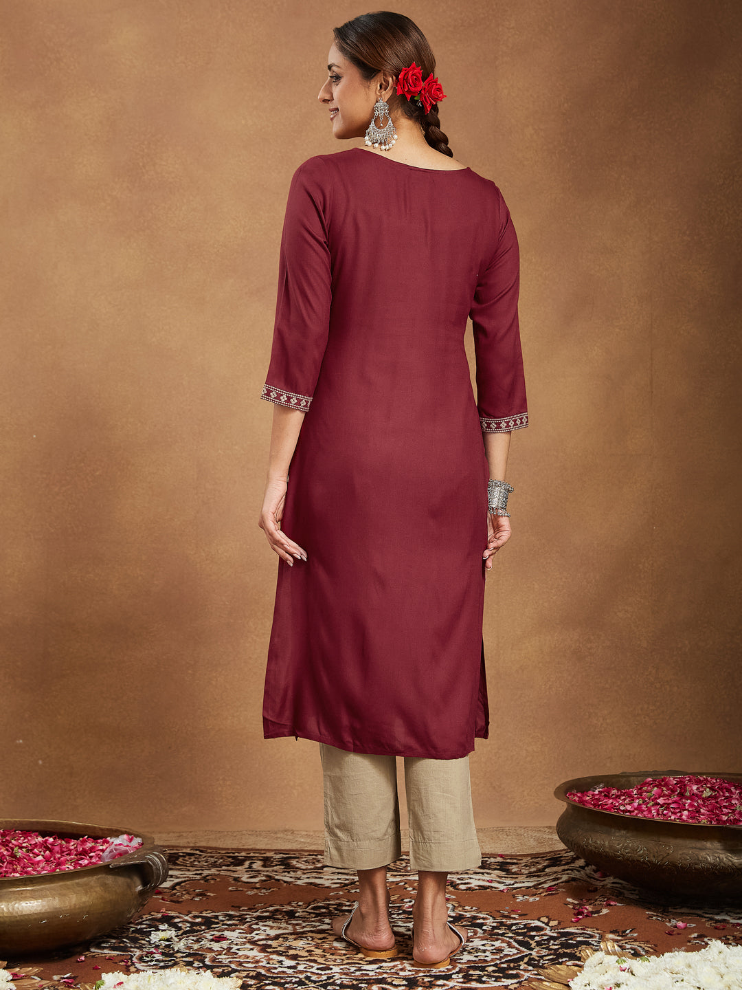 Janasya Dark Rayon Embroidered Straight Kurta