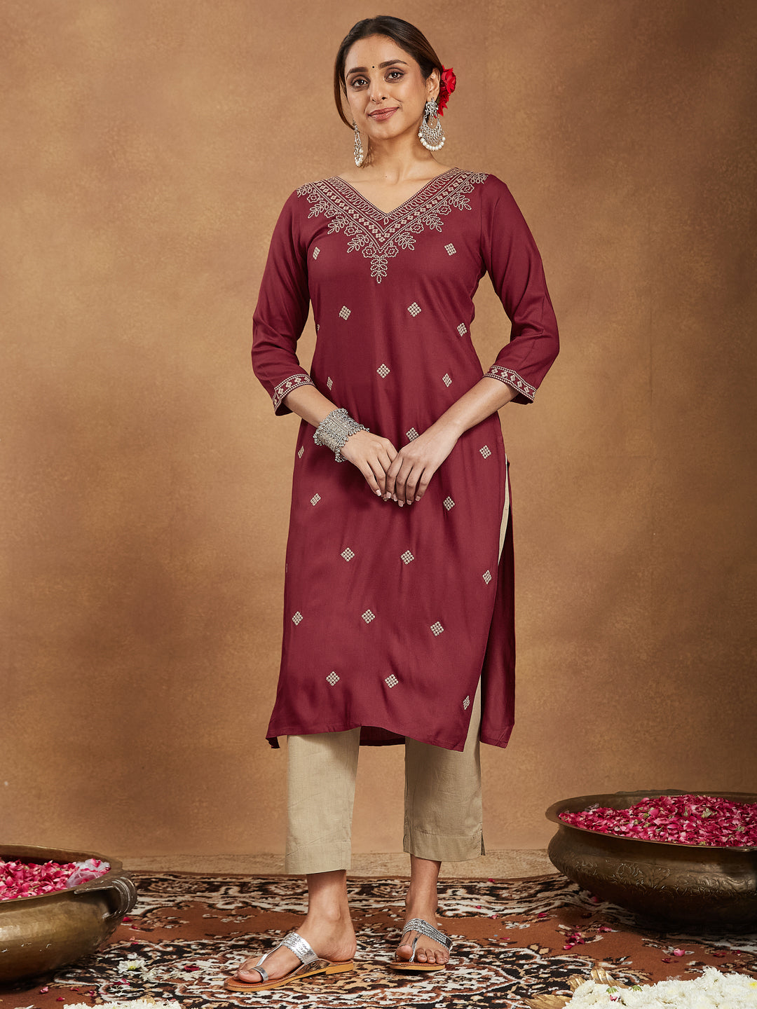 Janasya Dark Rayon Embroidered Straight Kurta