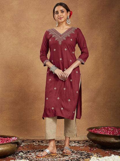 Janasya Dark Rayon Embroidered Straight Kurta - Distacart