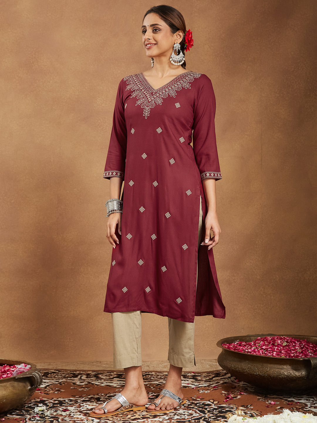 Janasya Dark Rayon Embroidered Straight Kurta