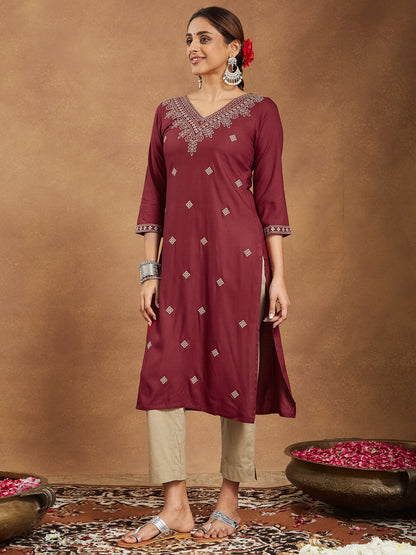 Janasya Dark Rayon Embroidered Straight Kurta - Distacart