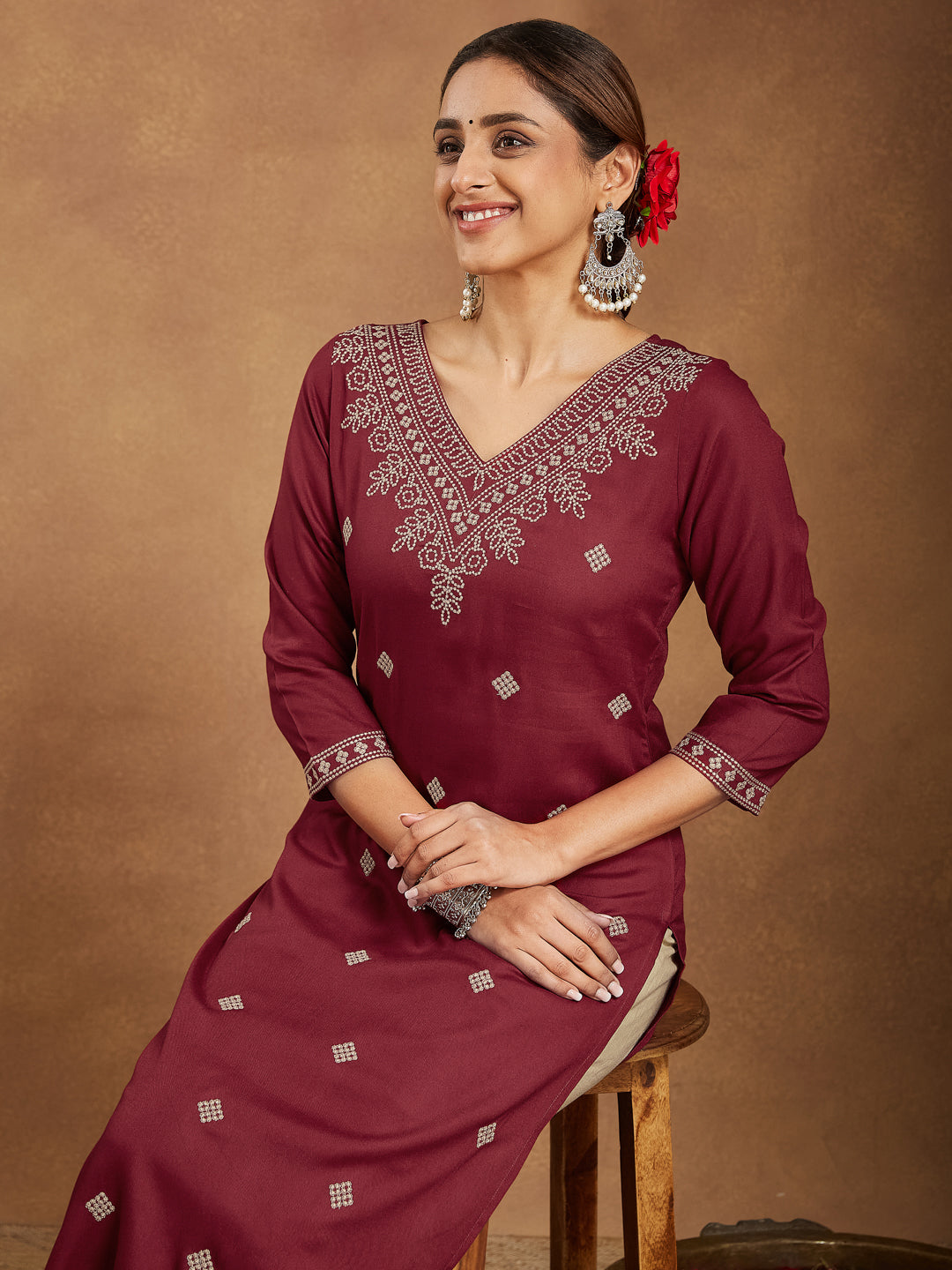 Janasya Dark Rayon Embroidered Straight Kurta