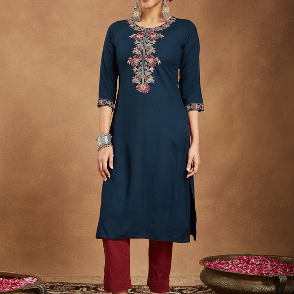 Janasya Dark Rayon Embroidered Straight Kurta