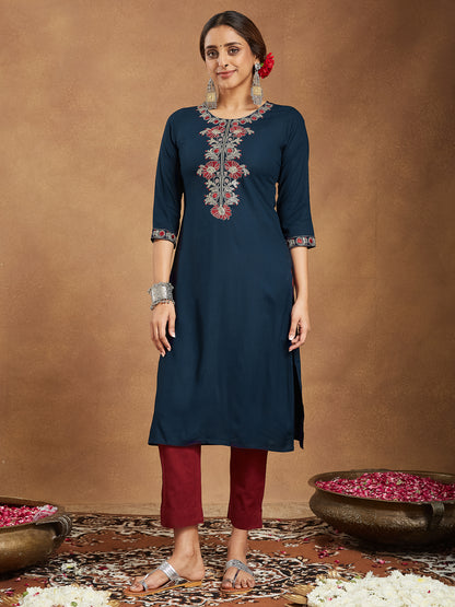 Janasya Dark Rayon Embroidered Straight Kurta - Distacart