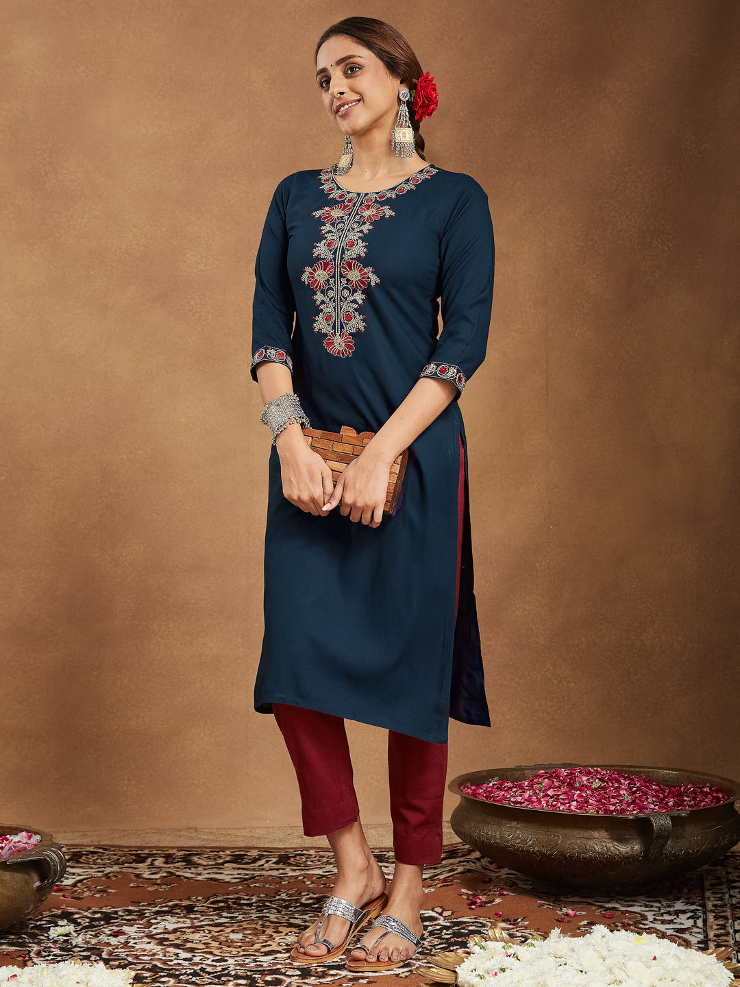 Janasya Dark Rayon Embroidered Straight Kurta
