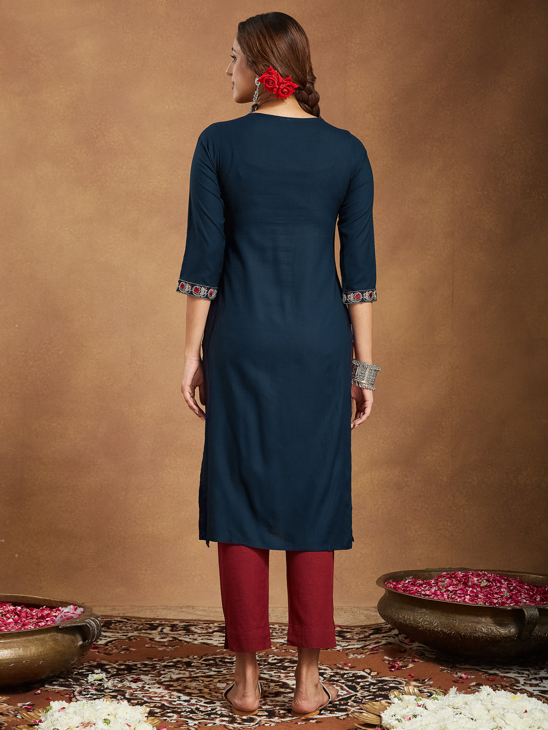 Janasya Dark Rayon Embroidered Straight Kurta - Distacart