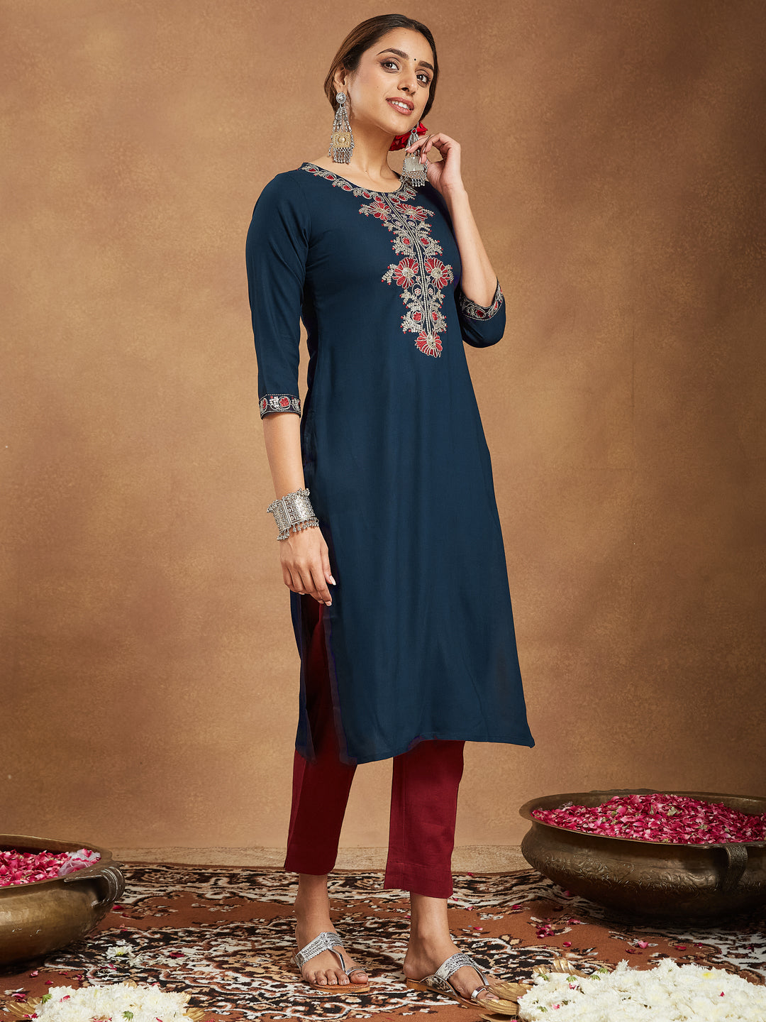 Janasya Dark Rayon Embroidered Straight Kurta - Distacart