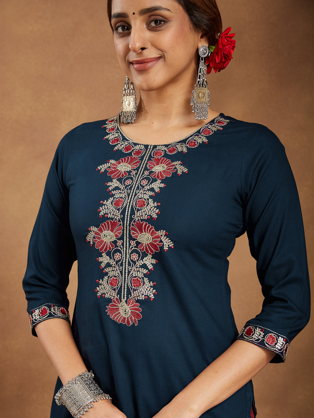 Janasya Dark Rayon Embroidered Straight Kurta - Distacart