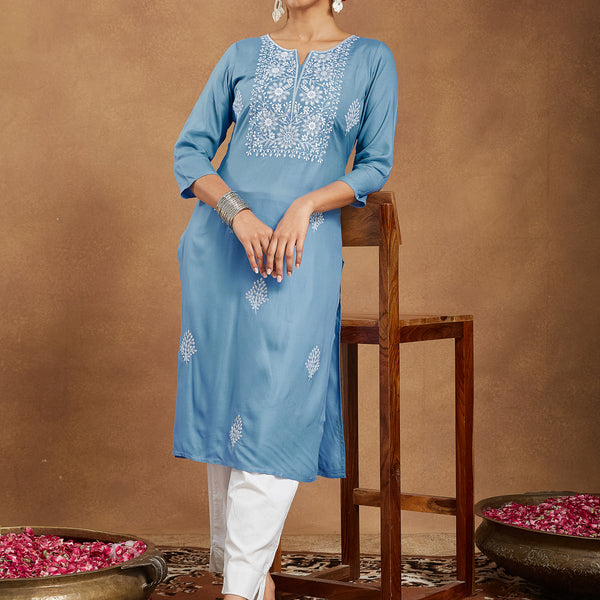 Janasya Light Rayon Embroidered Straight Kurta