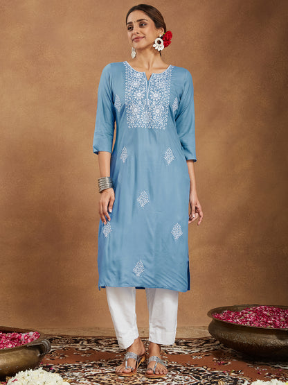 Janasya Light Rayon Embroidered Straight Kurta - Distacart