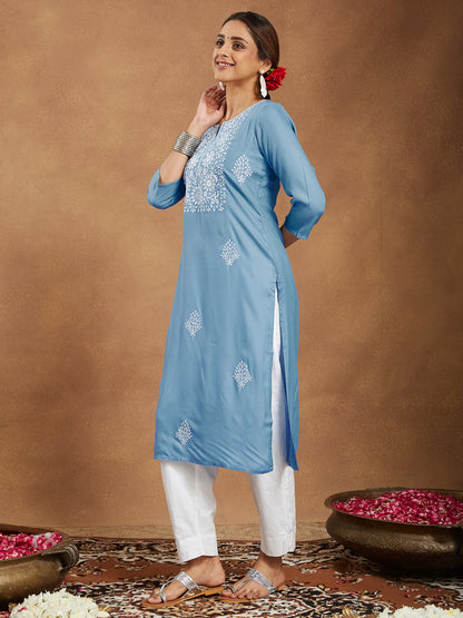 Janasya Light Rayon Embroidered Straight Kurta - Distacart