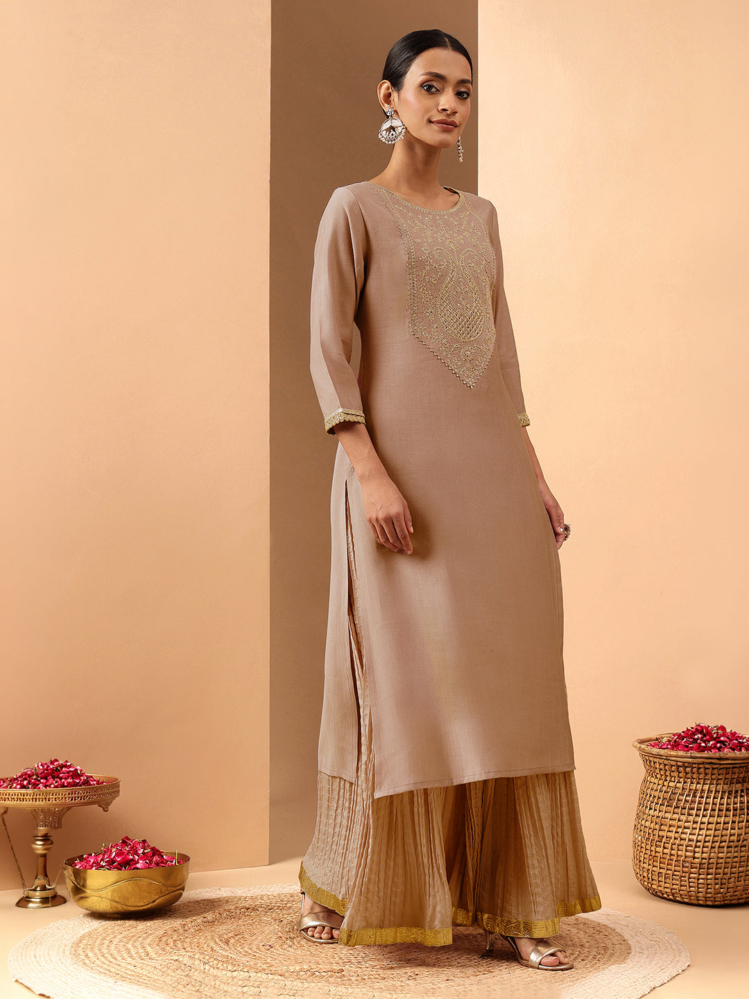 Janasya Brown Straight Silk Blend Kurta - Dista