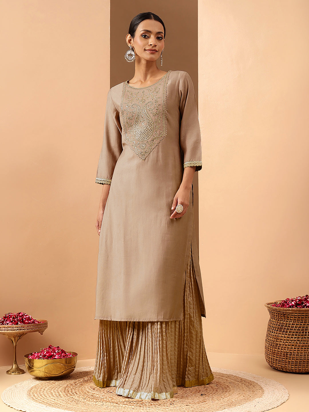 Janasya Brown Straight Silk Blend Kurta - Dista