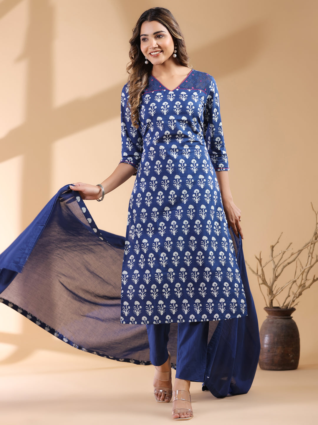 Janasya Dark Cotton Ethnic Motifs Straight Kurta Set