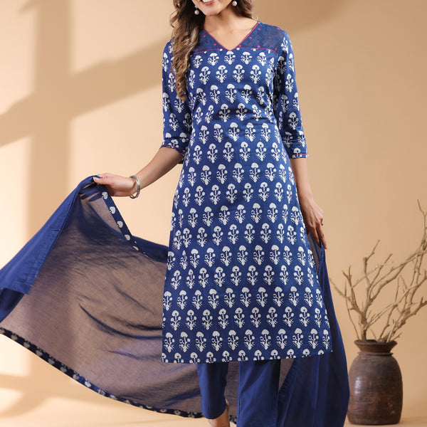 Janasya Dark Cotton Ethnic Motifs Straight Kurta Set