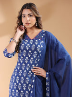 Thumbnail for Janasya Dark Cotton Ethnic Motifs Straight Kurta Set