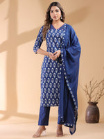 Thumbnail for Janasya Dark Cotton Ethnic Motifs Straight Kurta Set
