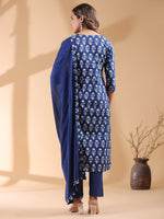 Thumbnail for Janasya Dark Cotton Ethnic Motifs Straight Kurta Set