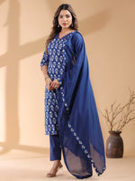 Thumbnail for Janasya Dark Cotton Ethnic Motifs Straight Kurta Set