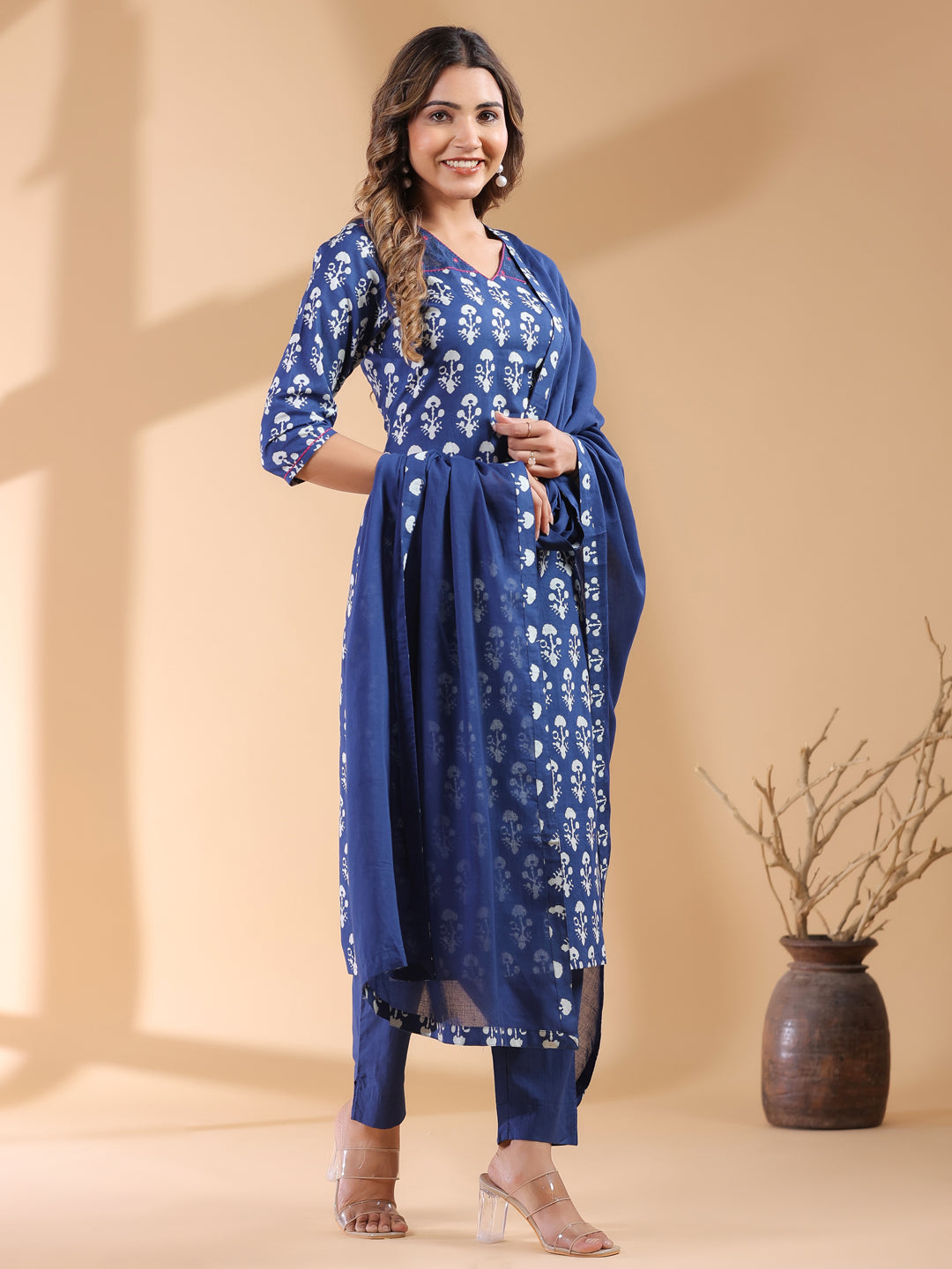 Janasya Dark Cotton Ethnic Motifs Straight Kurta Set