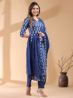 Thumbnail for Janasya Dark Cotton Ethnic Motifs Straight Kurta Set