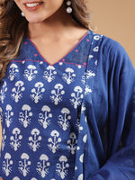 Thumbnail for Janasya Dark Cotton Ethnic Motifs Straight Kurta Set