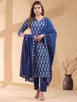 Thumbnail for Janasya Dark Cotton Ethnic Motifs Straight Kurta Set