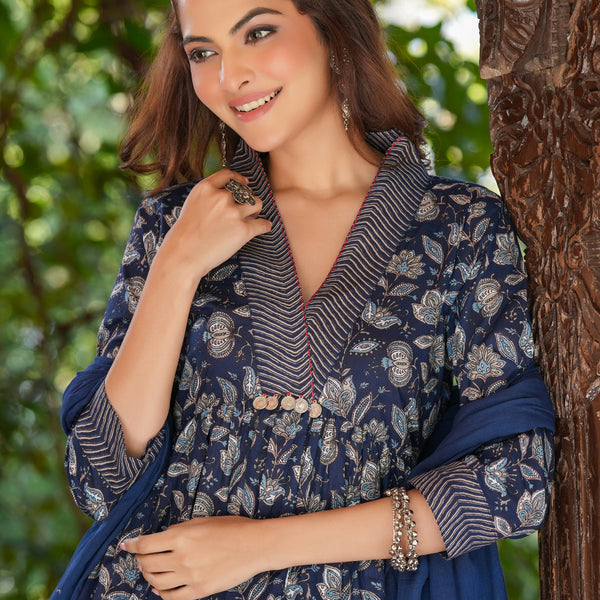 Janasya Dark Cotton Floral A-Line Kurta Set