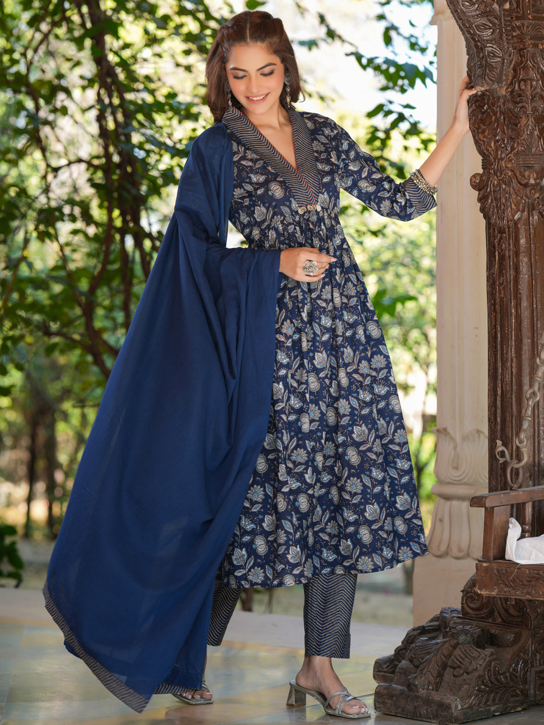 Janasya Dark Cotton Floral A-Line Kurta Set