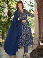 Thumbnail for Janasya Dark Cotton Floral A-Line Kurta Set